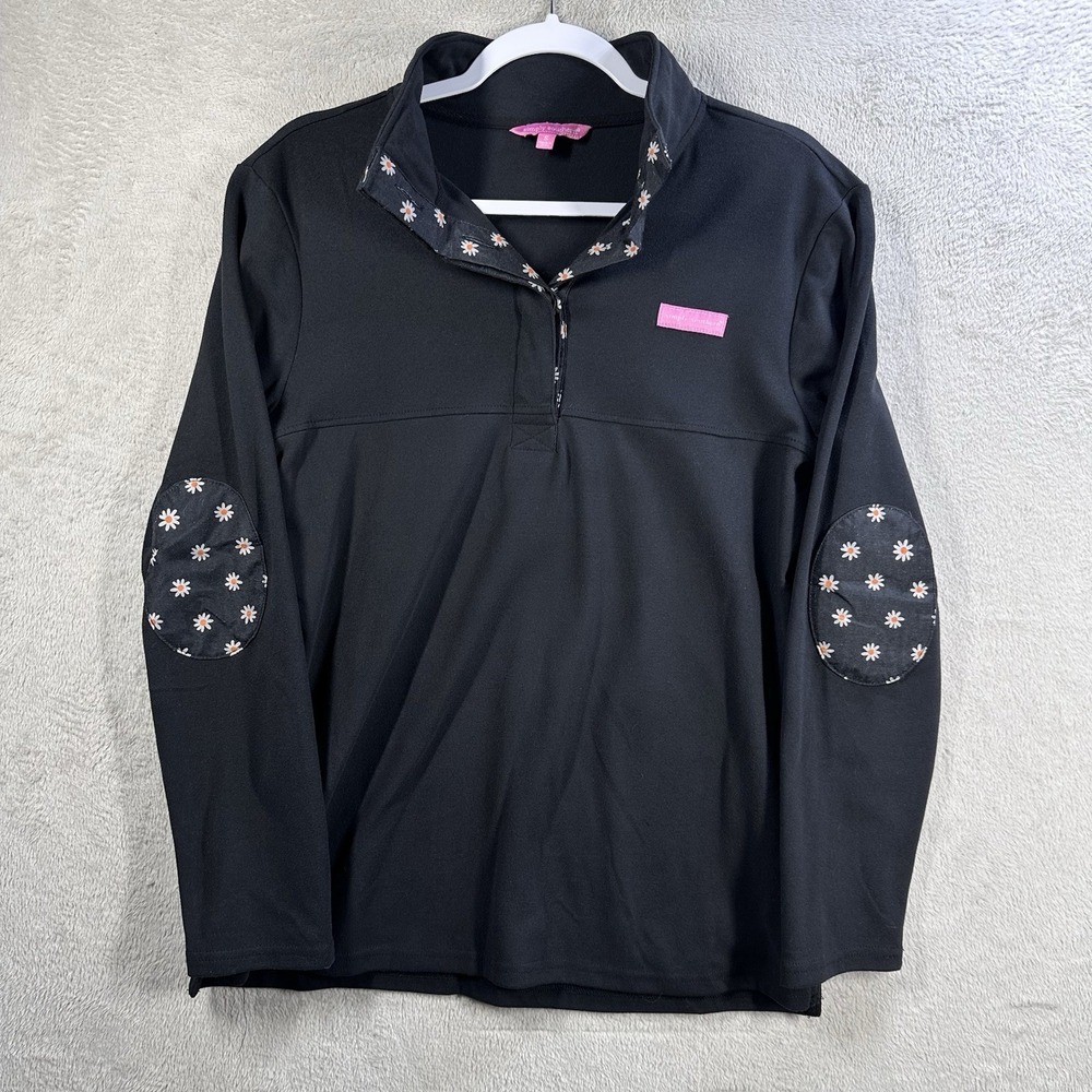 Simply Southern Performance Henley Black Daisy Trim Elbow Patch Sz S Soft Knit